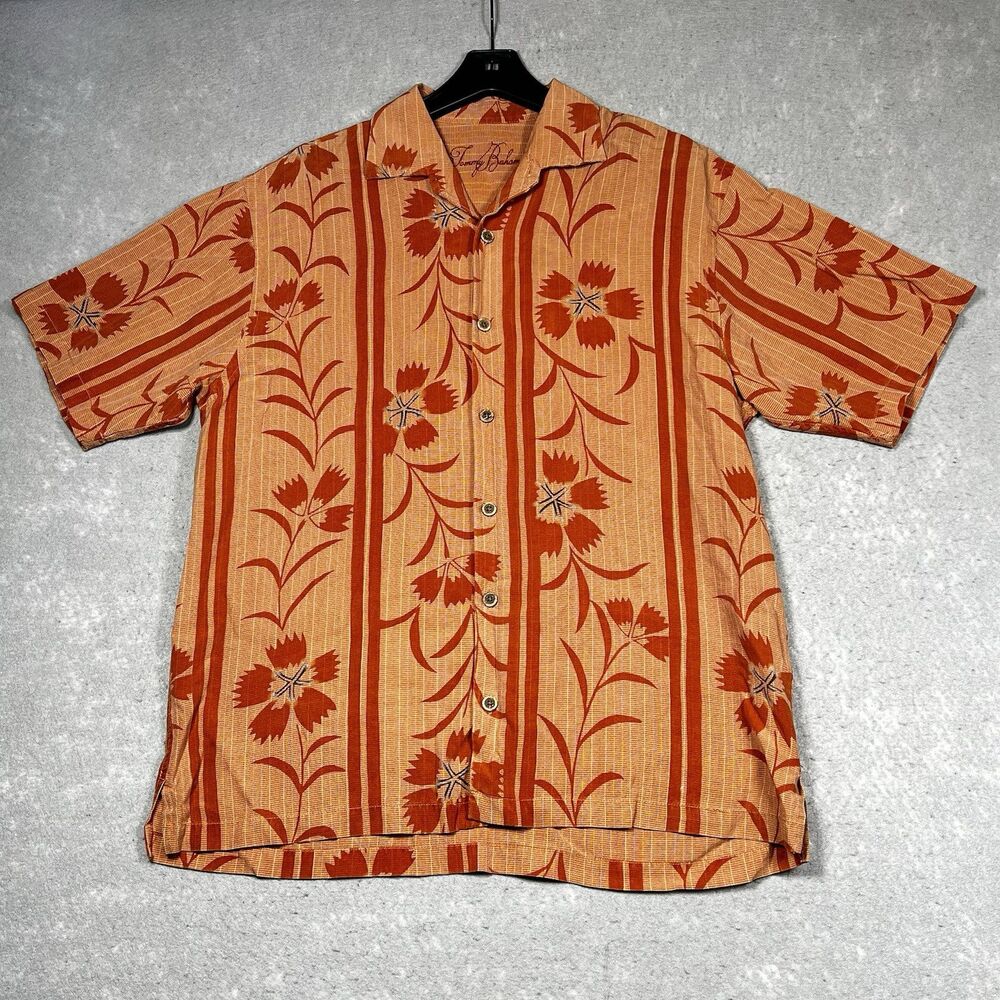 Tommy Bahama Hawaiian Shirt Mens Size Large Orange Floral 100% Tencel